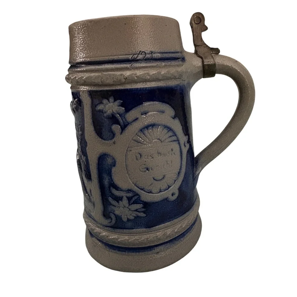 Vintage German Stoneware Beer Stein Tanz Auf Der Alm Cobalt Blue Salt Glaze 7.5